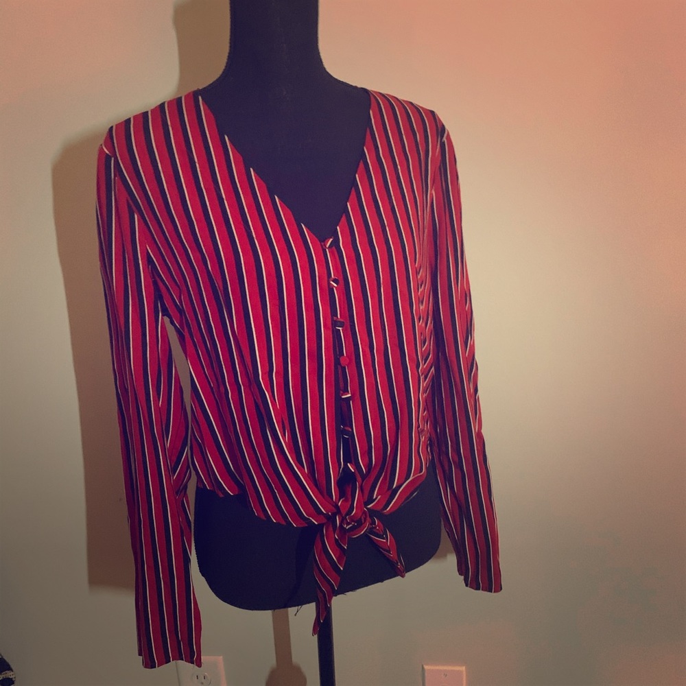 New red and blue button down tie blouse